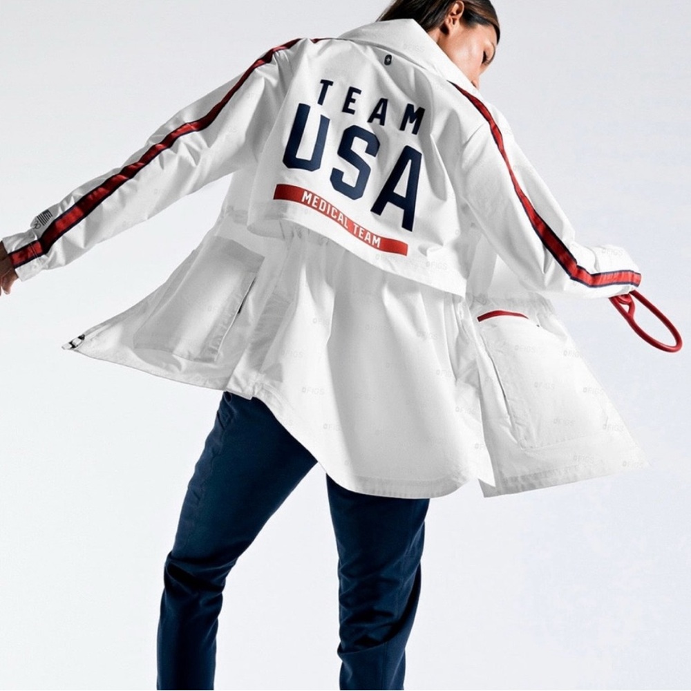 Figs White Team USA Medical Jacket with Flared Bottom and Red Stripes